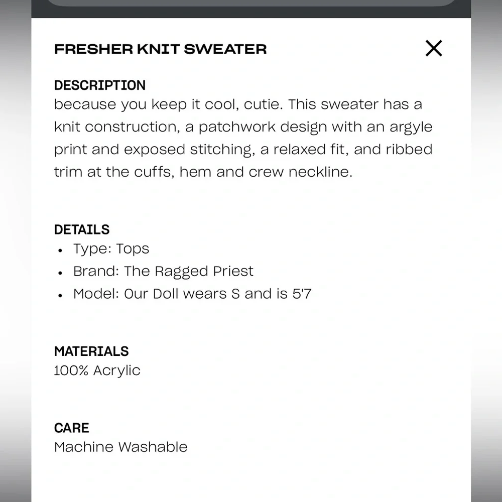 THE RAGGED PRIEST | The Fresher Knit Argyle Sweater, Size Small